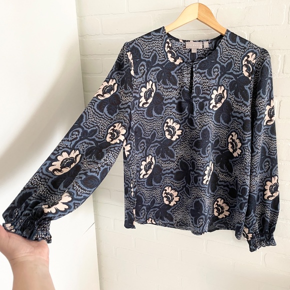 Ted Baker Women’s Blouse Satin Paisley Floral print Boho Key hole Navy Pink L - Picture 7 of 14